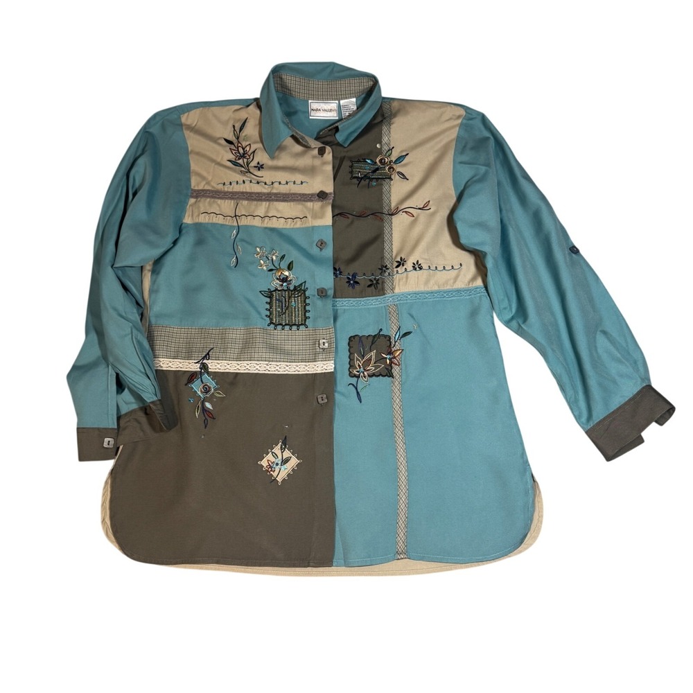 Napa Valley Embroidered Patchwork Blouse Teal Tan Floral Beaded Art to Wear M